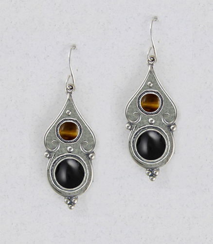 Sterling Silver Black Onyx And Tiger Eye Gemstone Drop Dangle Earrings